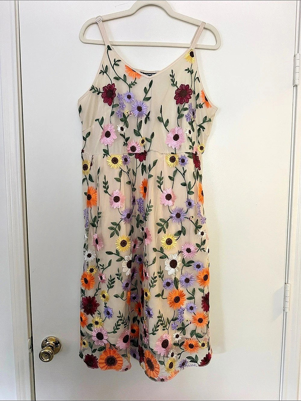 BLOOMCHIC U Neck Floral Embroidered Mesh Cami Dress Beige & Multicolor Medium